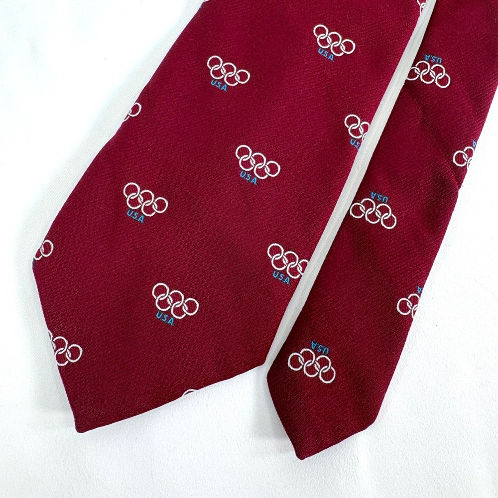 Montgomery Ward Necktie Burgundy USA Olympic Rings Logo Vintage Polyester Tie